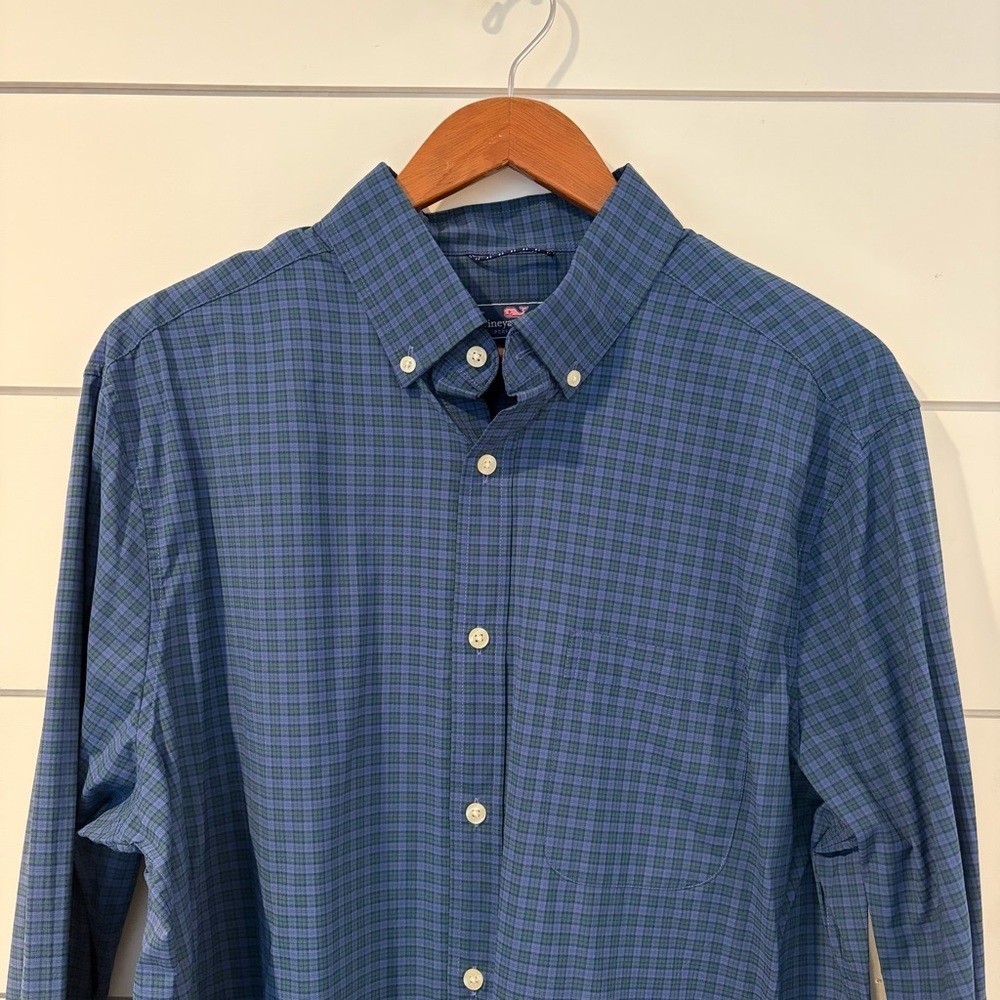 Vineyard Vines Performance Classic Fit Blue Green Plaid Shirt L Button Down